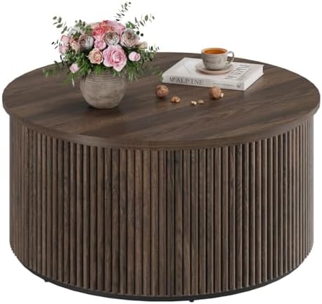 FATORRI Round Coffee Table, Fluted Wooden Center Table, Mid-Century Modern Coffee Tables for Small Space, Living Room, Bedroom (31.5 Inch, Dark Walnut) - Image 2