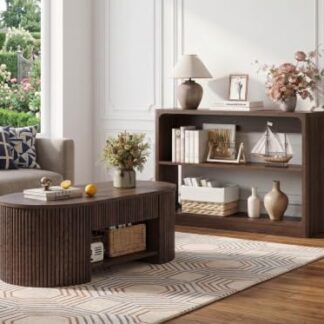 FATORRI Living Room Table Set of 2, Oval Fluted Coffee Table with Storage Shelf & 3-Tier Console Table Behind Couch, Wood Sofa Table and Coffee Table Bundle for Living Room Entryway, Dark Walnut