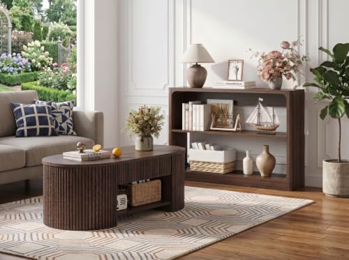 FATORRI Living Room Table Set of 2, Oval Fluted Coffee Table with Storage Shelf & 3-Tier Console Table Behind Couch, Wood Sofa Table and Coffee Table Bundle for Living Room Entryway, Dark Walnut