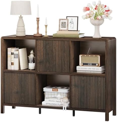 FATORRI Sofa Table with 2 Drawers and 6 Cube Bookshelf with 3 Doors (Dark Walnut) - Image 4