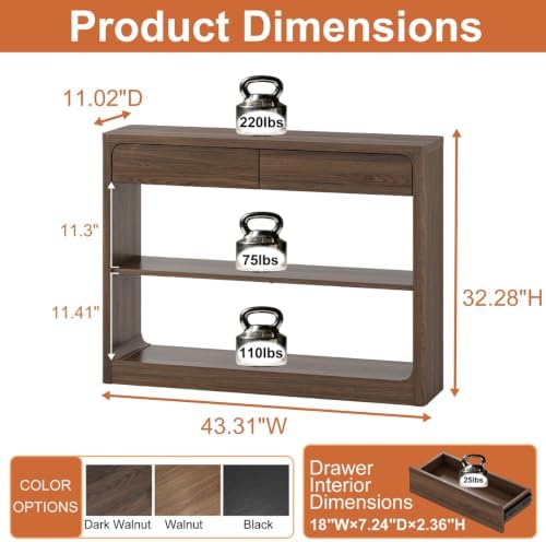 FATORRI Console Table with 2 Drawers, 43.3 Inch Farmhouse Narrow Entryway Table with Storage Shelves, Rustic Sofa Tables Behind the Couch for Hallway, Living Room, Foyer (Dark Walnut) - Image 4