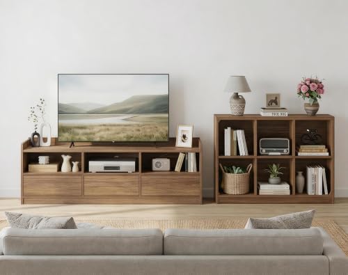 FATORRI Wood TV Stand with Drawers and 6 Cube Bookcase Set of 2, Bookshelf & Entertainment Center with Storage for Living Room, Bedroom, Walnut - Image 2