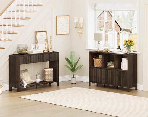 FATORRI Sofa Table with 2 Drawers and 6 Cube Bookshelf with 3 Doors (Dark Walnut) - Image 2