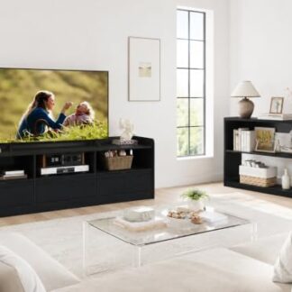 FATORRI Wood Console Table and TV Stand with Drawers Set of 2, Sofa Table with Open Shelves & Entertainment Center with Rounded Corners for Living Room, Black