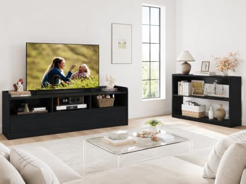 FATORRI Wood Console Table and TV Stand with Drawers Set of 2, Sofa Table with Open Shelves & Entertainment Center with Rounded Corners for Living Room, Black