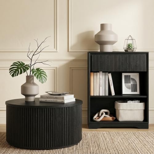FATORRI Fluted Living Room Furniture Set, 3-Tier Bookshelf with Drawer & 31.5" Round Coffee Table with Hidden Storage, Black - Image 2