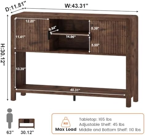 FATORRI Industrial Console Entryway Table with Storage, 43.31 inch Farmhouse Sofa Table Coffee Bar with Fluted Doors and Shelves for Living Room, Dining, Hallway, Kitchen, Rustic Brown - Image 3