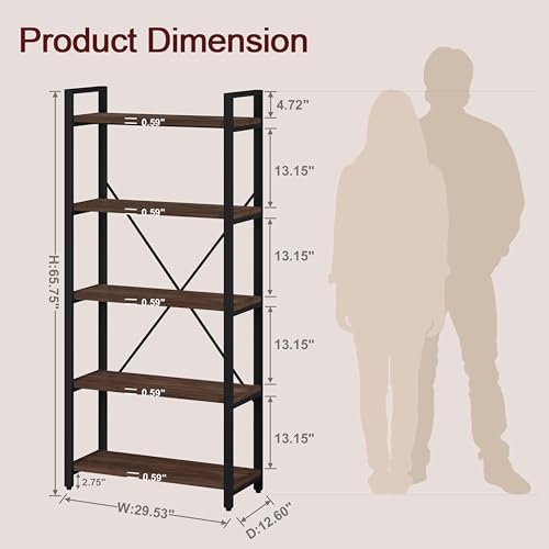FATORRI 5 Tier Industrial Bookshelf, Rustic Etagere Bookcase for Display, Vintage Shelving Unit Wood and Metal Tall Book Shelves for Home Office (Dark Walnut) - Image 3