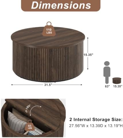 FATORRI Fluted Living Room Furniture Set, 3-Tier Bookshelf with Drawer & 31.5" Round Coffee Table with Hidden Storage, Dark Walnut - Image 3