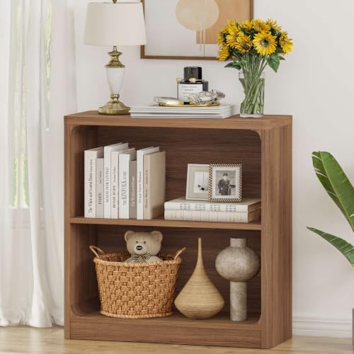 FATORRI Wooden Bookshelf, 2-Tier Compact Open Bookcase with Rounded Corners, Small Floor Standing Display Book Shelf for Living Room, Bedroom, Home Office, Kids' Room (Walnut) - Image 2