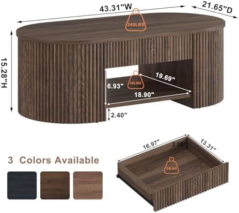 FATORRI Living Room Table Set of 2, Oval Fluted Coffee Table with Storage Shelf & 3-Tier Console Table Behind Couch, Wood Sofa Table and Coffee Table Bundle for Living Room Entryway, Dark Walnut - Image 6