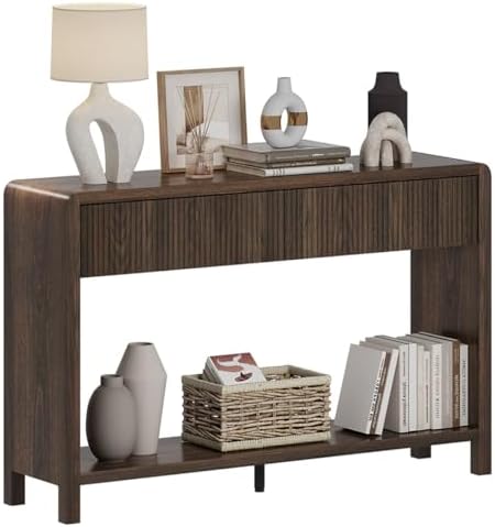 FATORRI Sofa Table with 2 Drawers and 6 Cube Bookshelf with 3 Doors (Dark Walnut) - Image 7
