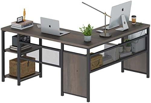 FATORRI L Shaped Desk, Industrial Reversible Home Office Computer Desk with Wood Shelves, Corner Desks with Metal Legs (Walnut Brown, 59 Inch) - Image 2