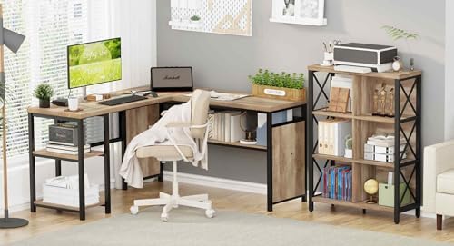 FATORRI Industrial L Shaped Computer Desk and6 Cube Bookshelf for Home Office (Rustic Oak) - Image 2