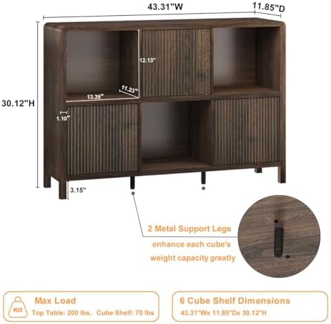 FATORRI Sofa Table with 2 Drawers and 6 Cube Bookshelf with 3 Doors (Dark Walnut) - Image 3