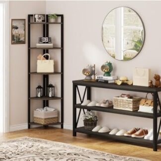 FATORRI Industrial Console Table and Corner Shelf Stand (Walnut Brown)