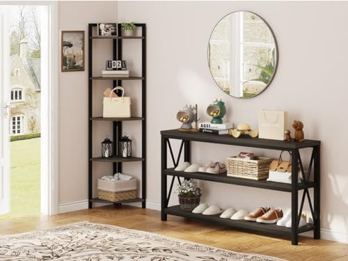 FATORRI Industrial Console Table and Corner Shelf Stand (Walnut Brown)