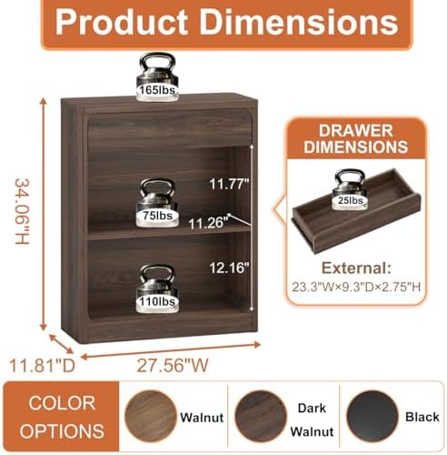 FATORRI Fluted Console Table and 3-Tier Bookshelf Set of 2, Sofa Table with Open Bottom Shelf & Bookcase with Drawer for Living Room Entryway Bedroom, Dark Walnut - Image 4