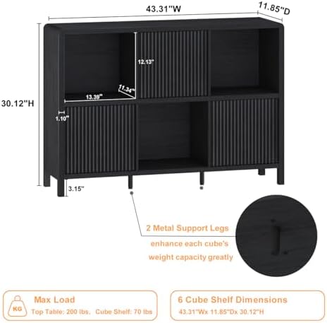 FATORRI Bookcase Set, 3-Tier Wood Bookshelf with Fluted Drawer and 6-Cube Storage Organizer with 3 Doors, Wooden Bookcases for Living Room, Home Office, Bedroom, Black - Image 2