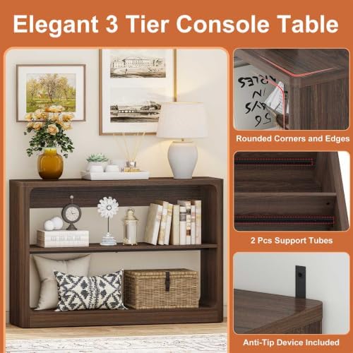 FATORRI Living Room Table Set of 2, Oval Fluted Coffee Table with Storage Shelf & 3-Tier Console Table Behind Couch, Wood Sofa Table and Coffee Table Bundle for Living Room Entryway, Dark Walnut - Image 4