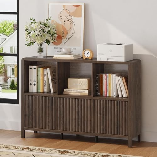 FATORRI Bookcase Set, 3-Tier Wood Bookshelf with Fluted Drawer and 6-Cube Storage Organizer with 3 Doors, Wooden Bookcases for Living Room, Home Office, Bedroom, Dark Walnut - Image 4