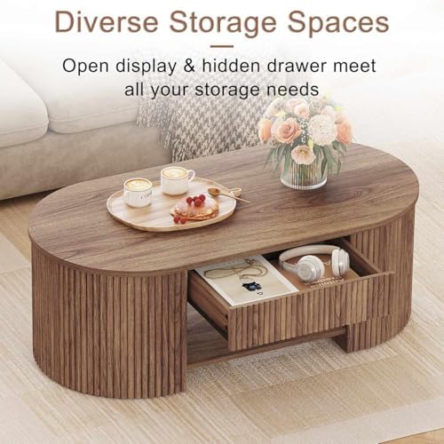 FATORRI Oval Fluted Coffee Table and 3-Tier Bookshelf Set of 2, Coffee Table with Open Bottom Shelf & Bookcase with Rounded Corners for Living Room, Walnut - Image 7