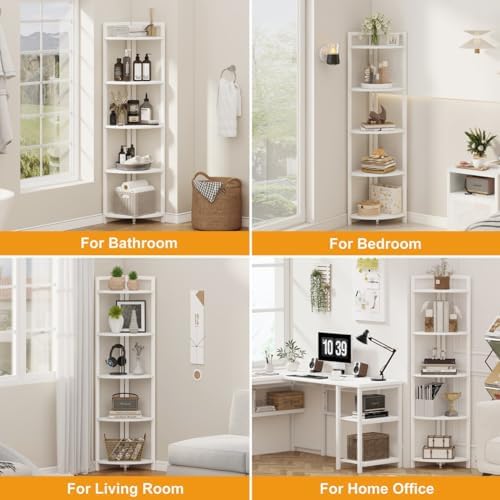 FATORRI Tall Corner Shelf, 5 Tier Modern Corner Bookshelf Stand, Wood and Metal Corner Plant Bookcase for Living Room, Home Office (White Oak) - Image 5