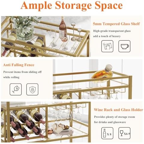 FATORRI Bar Cart Gold, Home Bar Serving Cart with Wine Rack and Glasses Holder, Wine Carts on Wheels with 3 Tier Mirrored Shelves for Liquor and Beverage (Gold) - Image 6