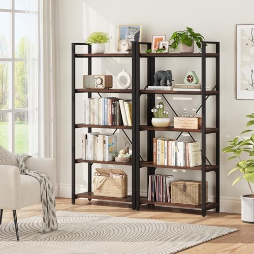 FATORRI 5 Tier Industrial Bookshelf, Rustic Etagere Bookcase for Display, Vintage Shelving Unit Wood and Metal Tall Book Shelves for Home Office (Dark Walnut) - Image 7