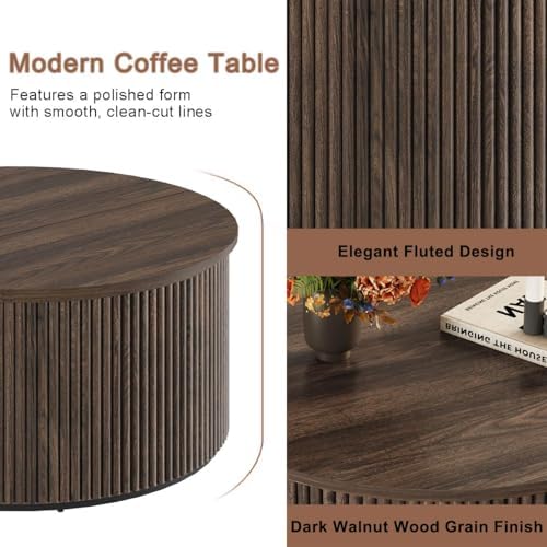 FATORRI Fluted Living Room Furniture Set, 3-Tier Bookshelf with Drawer & 31.5" Round Coffee Table with Hidden Storage, Dark Walnut - Image 6