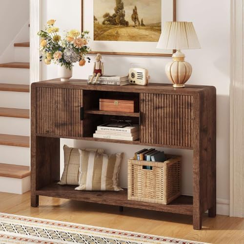 FATORRI Industrial Console Entryway Table with Storage, 43.31 inch Farmhouse Sofa Table Coffee Bar with Fluted Doors and Shelves for Living Room, Dining, Hallway, Kitchen, Rustic Brown - Image 4