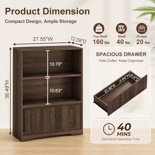FATORRI Small Bookshelf with Fluted Drawer, 3-Tier Narrow Bookcase for Living Room, Home Office, Short Book Shelf for Small Spaces (Dark Walnut) - Image 3