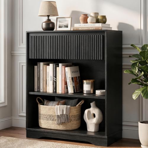 FATORRI Bookcase and Console Table Set, 3-Tier Wood Bookshelf with Fluted Drawer and 47.2" Sofa Table with 2 Drawers, Entryway Table with Storage, Black - Image 5