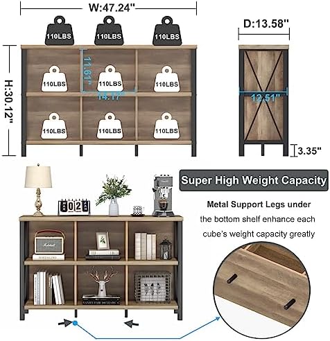 FATORRI 6 Cube Storage Organizer Book Shelf, 47 Inch Horizontal Bookshelf, Wood and Metal Cube Bookcase for Living Room, Home Office (Rustic Oak) - Image 3