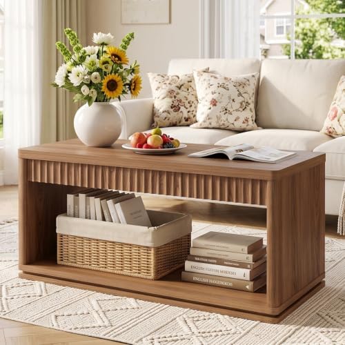 FATORRI Coffee Table and TV Stand Bundle for Living Room, Walnut TV Console Entertainment Center with Storage Shelf, Fluted Rectangular Center Table Set, 2-Piece Furniture Set - Image 6