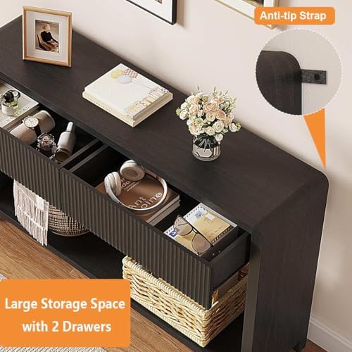 FATORRI Fluted Console Table and 3-Tier Bookshelf Set of 2, Sofa Table with Open Bottom Shelf & Bookcase with Drawer for Living Room Entryway Bedroom, Black - Image 7