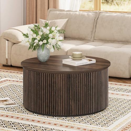 FATORRI Fluted Living Room Furniture Set, 3-Tier Bookshelf with Drawer & 31.5" Round Coffee Table with Hidden Storage, Dark Walnut - Image 4