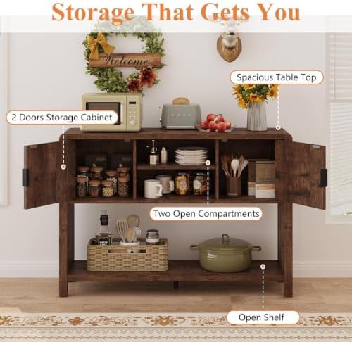 FATORRI Industrial Console Entryway Table with Storage, 43.31 inch Farmhouse Sofa Table Coffee Bar with Fluted Doors and Shelves for Living Room, Dining, Hallway, Kitchen, Rustic Brown - Image 6