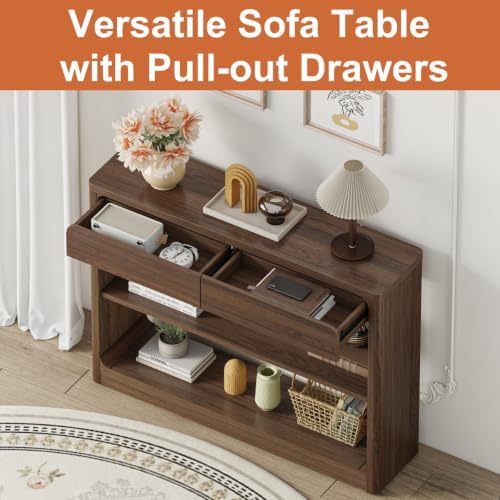 FATORRI Console Table with 2 Drawers, 43.3 Inch Farmhouse Narrow Entryway Table with Storage Shelves, Rustic Sofa Tables Behind the Couch for Hallway, Living Room, Foyer (Dark Walnut) - Image 6