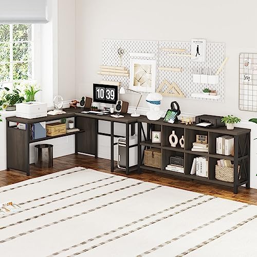 FATORRI L Shaped Computer Desk and 8 Cube Storage Organizer Shelf (Walnut Brown) - Image 2