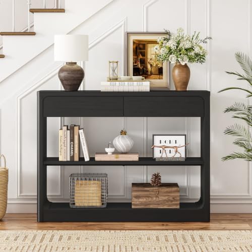 FATORRI Fluted Coffee Table with Storage Shelf & Console Table with 2 Drawers, Modern Farmhouse Wood Coffee Table and Sofa Table for Entryway, Hallway, Living Room (Black) - Image 4