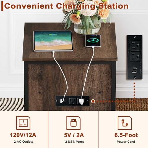 FATORRI End Table with Charging Station, Farmhouse Side Table with Drawer, Rustic Wood and Metal Nightstand and Bedside Tables for Living Room (Rustic Brown) - Image 5