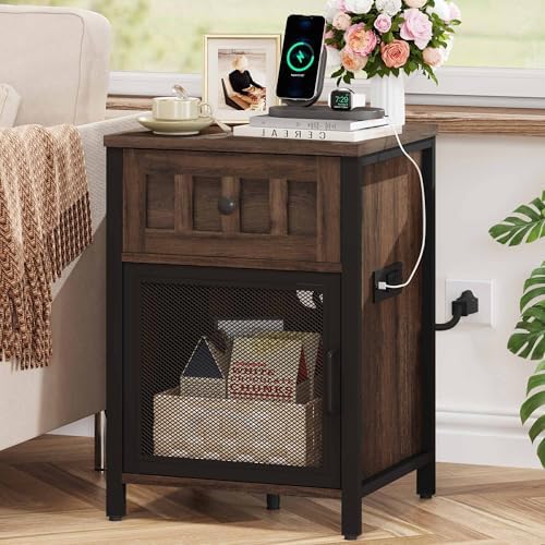 FATORRI End Table with Charging Station, Farmhouse Side Table with Drawer, Rustic Wood and Metal Nightstand and Bedside Tables for Living Room (Rustic Brown) - Image 2