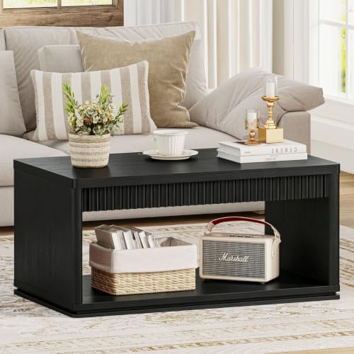 FATORRI Coffee Table and TV Stand Bundle for Living Room, Modern Black TV Console Entertainment Center with Storage Shelf, Fluted Rectangular Center Table Set, 2-Piece Furniture Set - Image 3