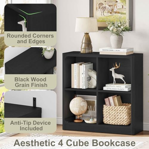 FATORRI Fluted Coffee Table with Storage Shelf & 4-Cube Bookcase, Modern Farmhouse Wood Coffee Table and Storage Organizer for Living Room, Home Office (Black) - Image 4