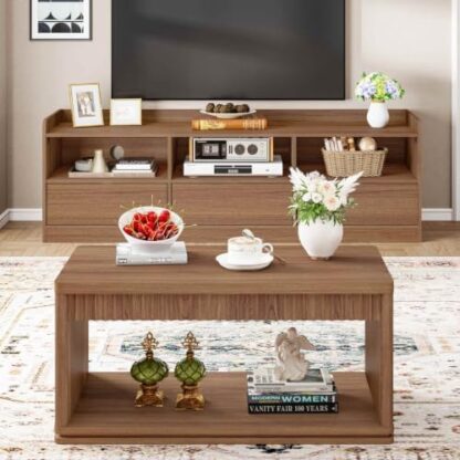 FATORRI Coffee Table and TV Stand Bundle for Living Room, Walnut TV Console Entertainment Center with Storage Shelf, Fluted Rectangular Center Table Set, 2-Piece Furniture Set