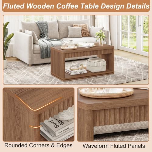FATORRI Fluted Coffee Table with Storage Shelf & 4-Cube Bookcase, Modern Farmhouse Wood Coffee Table and Storage Organizer for Living Room, Home Office (Walnut) - Image 7