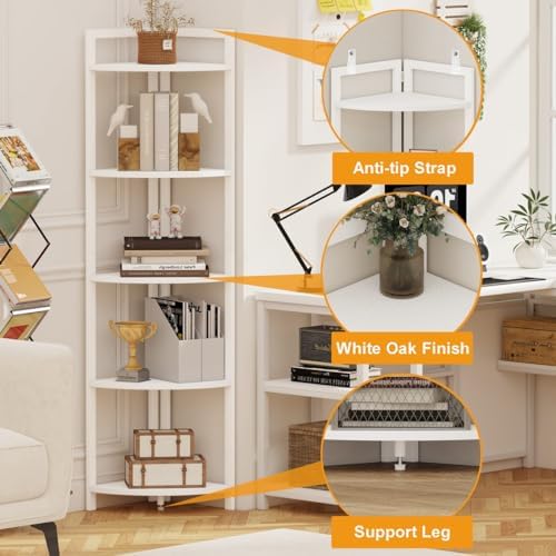 FATORRI Tall Corner Shelf, 5 Tier Modern Corner Bookshelf Stand, Wood and Metal Corner Plant Bookcase for Living Room, Home Office (White Oak) - Image 6