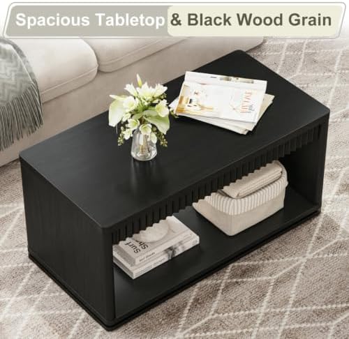 FATORRI Coffee Table and TV Stand Bundle for Living Room, Modern Black TV Console Entertainment Center with Storage Shelf, Fluted Rectangular Center Table Set, 2-Piece Furniture Set - Image 5