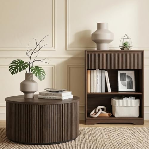 FATORRI Fluted Living Room Furniture Set, 3-Tier Bookshelf with Drawer & 31.5" Round Coffee Table with Hidden Storage, Dark Walnut - Image 2